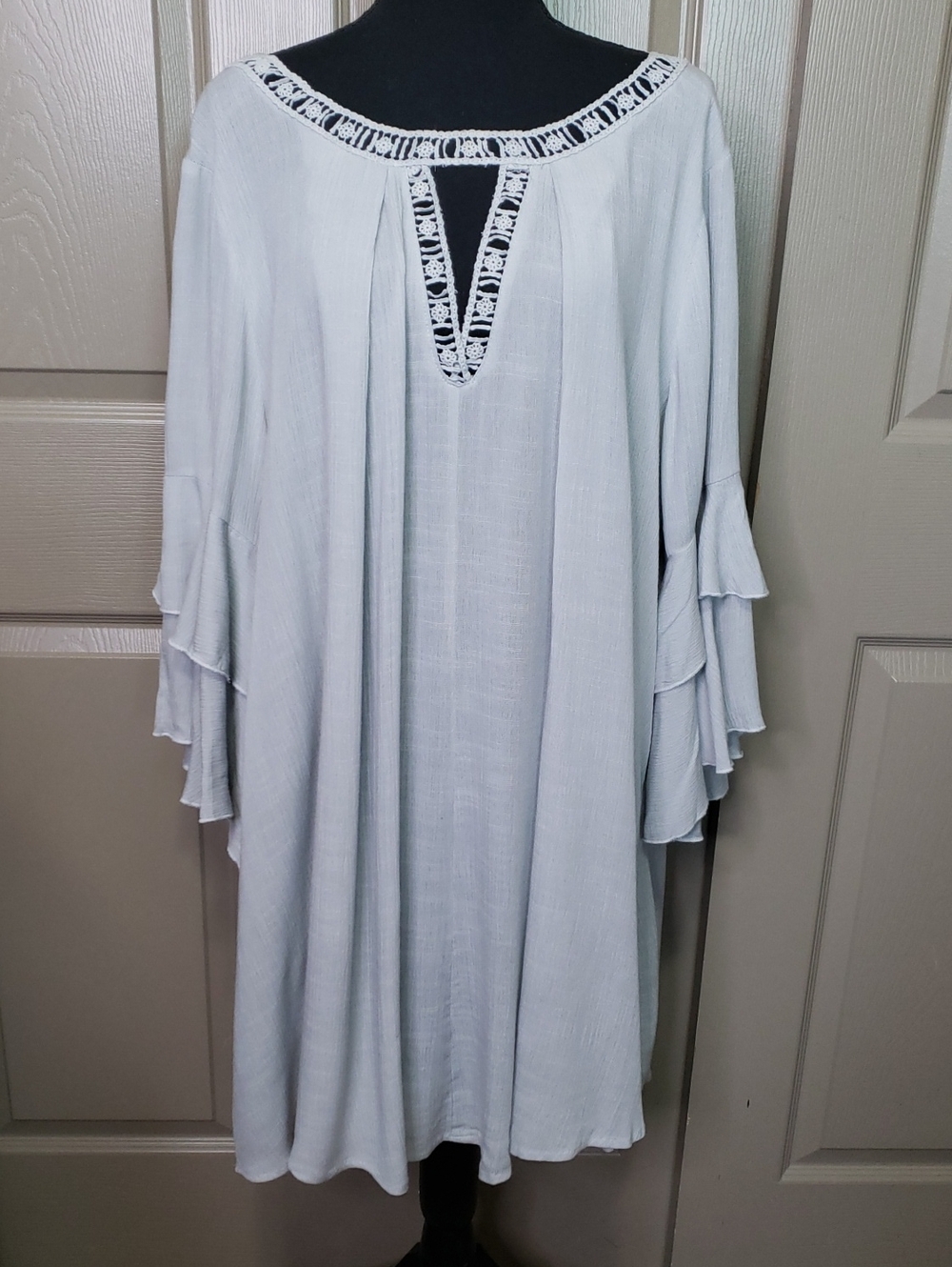 Umgee Women's Boho Light Blue Gray Crochet-Trim Dress Tunic Top Size Medium